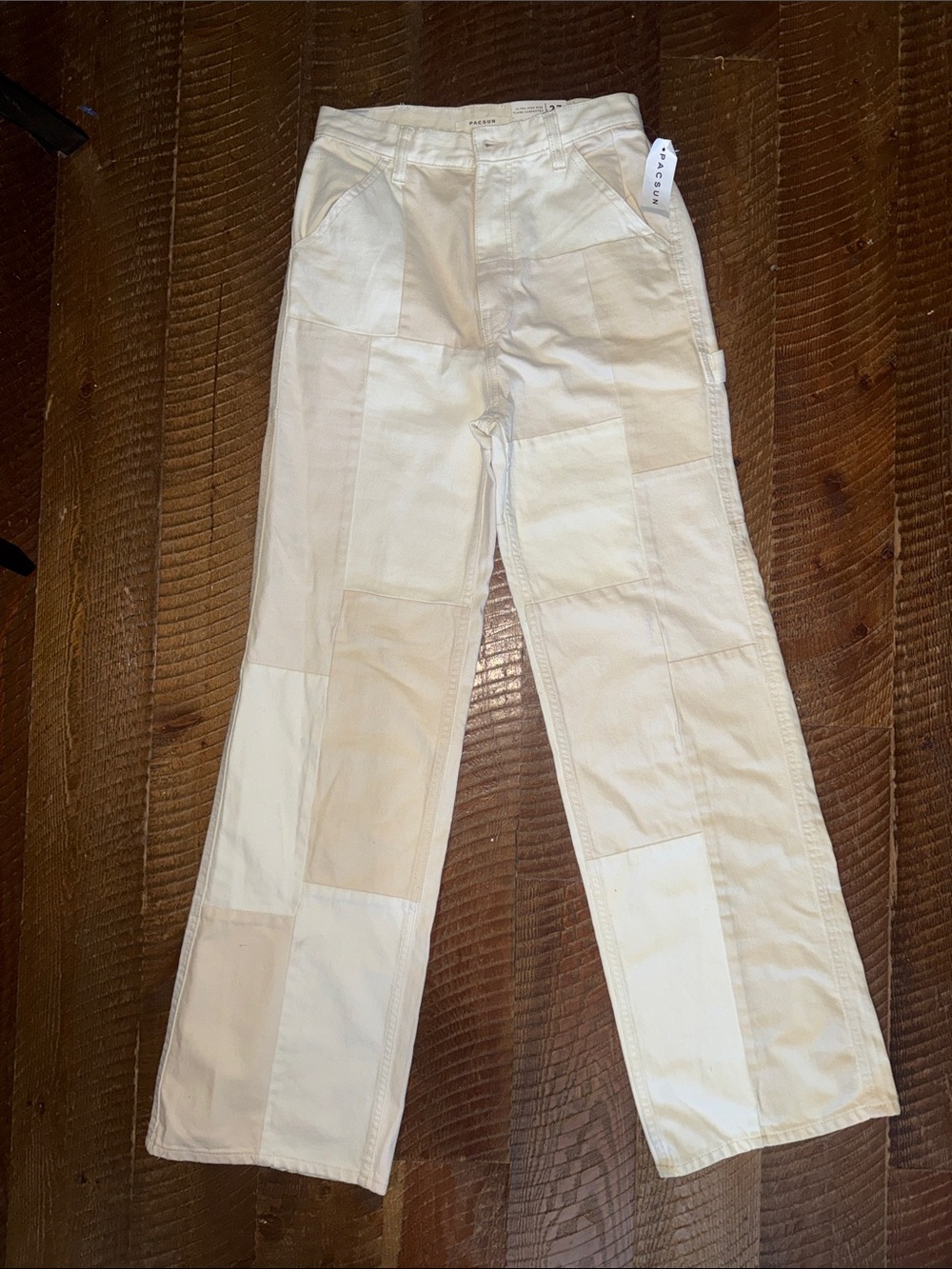 PacSun Patchwork Wide Leg Jeans in Cream and Tan